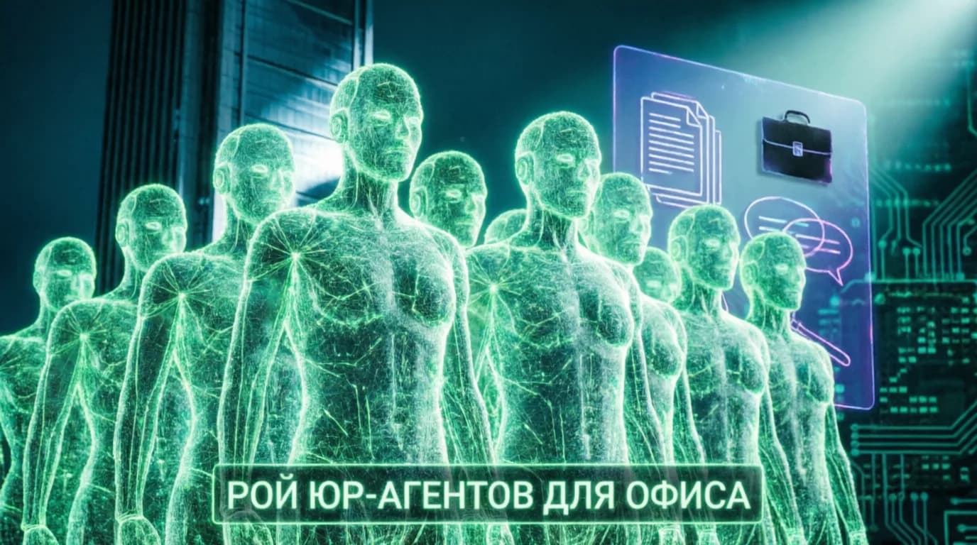 Рой ЮР-агентов для офиса: шеренга светящихся зелёных фигур-голограмм на фоне ночного города и панели с документами