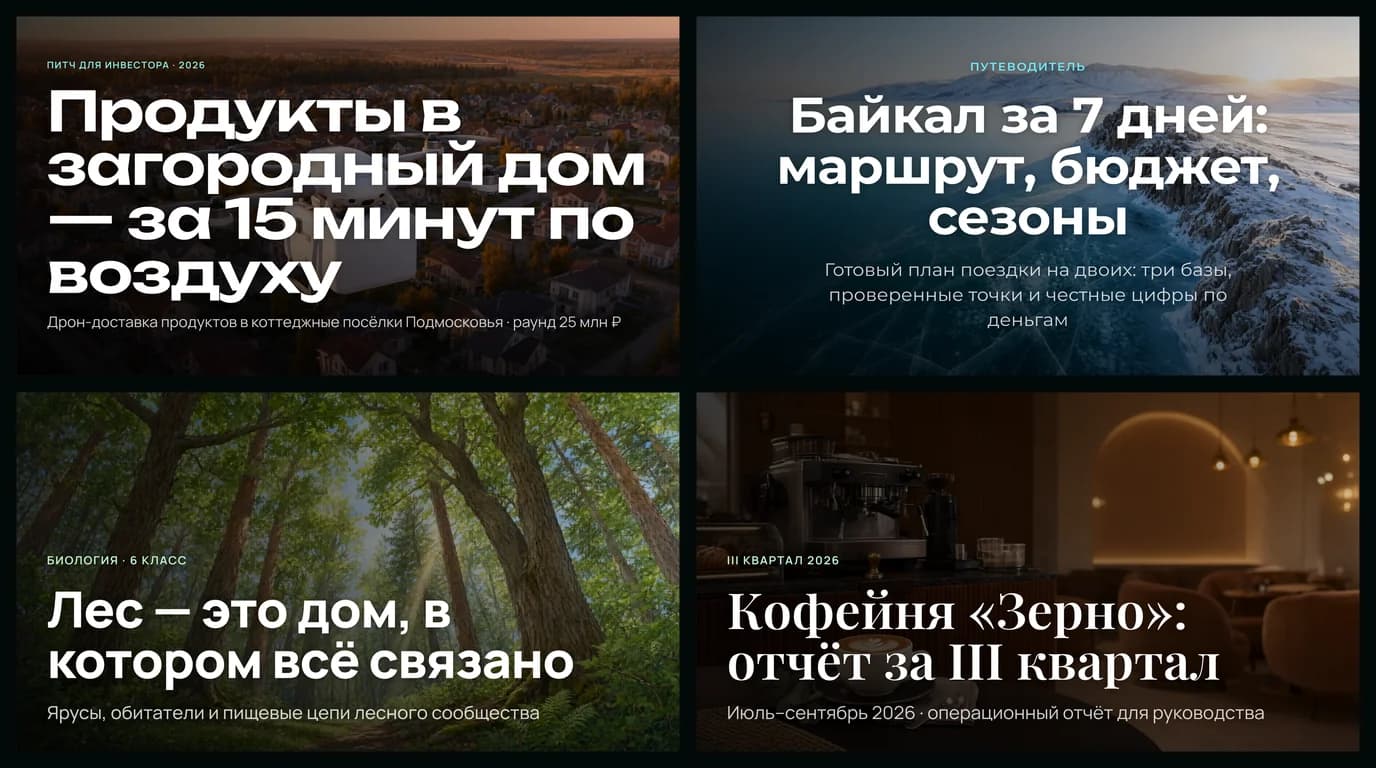 Слайды презентаций, собранных сервисом «Нейрострой Презентации»